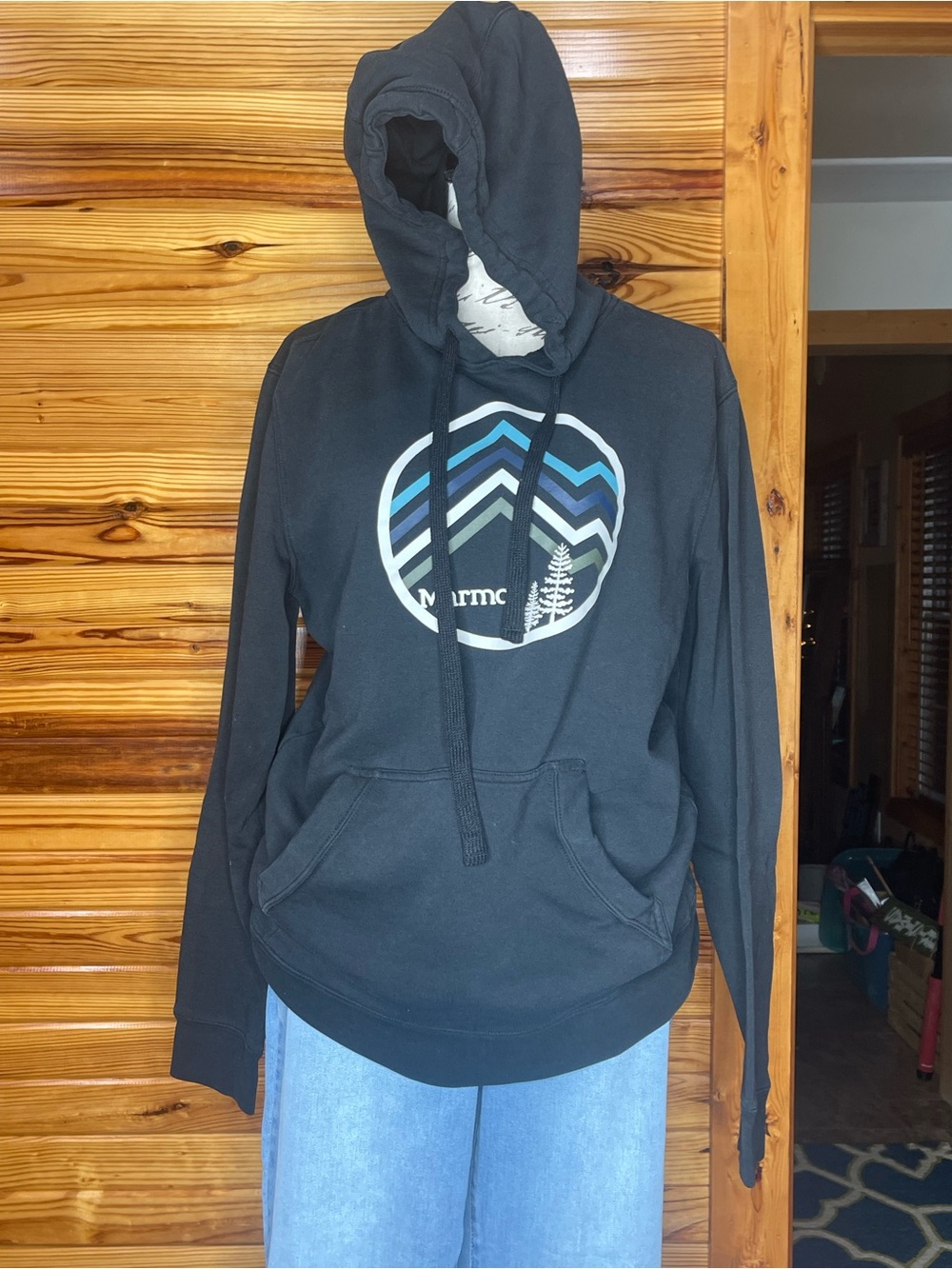 Marmot Black Pullover Hoodie with Blue Accent Graphic